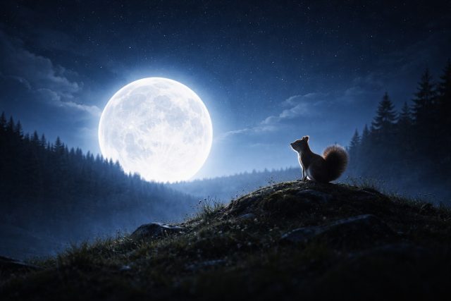 Squirrel on Hilltop with Full Moon Landscape Wallpaper