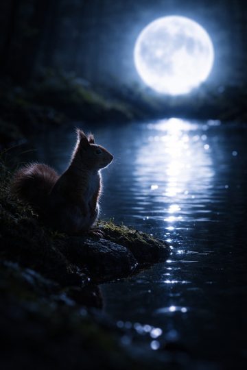 Squirrel by River with Moon Reflection Wallpaper