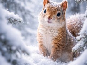 a squirrel surrounded by snow covered pine branches with soft depth and gentle winter atmosphere