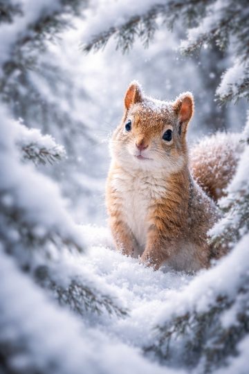 Squirrel in Snowy Pine Forest Wallpaper