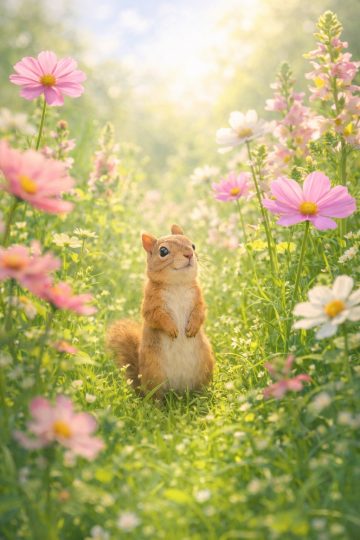 Squirrel in Spring Flower Meadow Soft Light Wallpaper