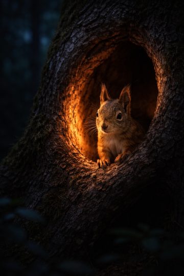 Squirrel in Tree Hollow Warm Light Night Wallpaper