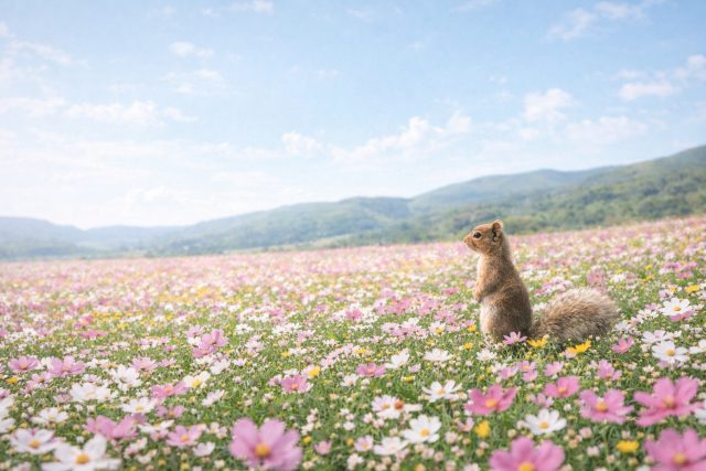 Squirrel in Wide Flower Field Spring Landscape Wallpaper
