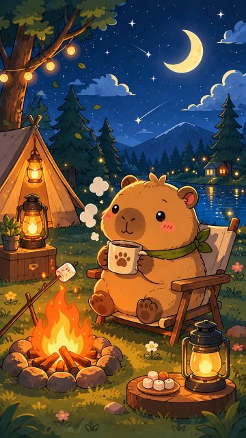 Stylized Capybara Campfire Night Retreat Wallpaper