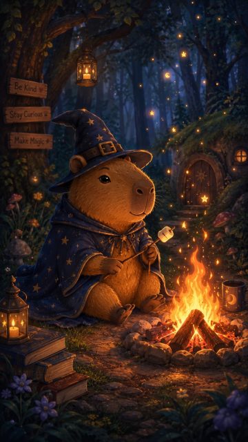 Stylized Capybara Campfire Wizard Wallpaper