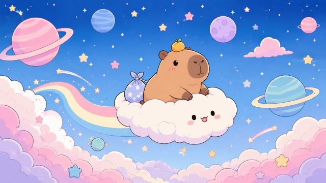Stylized Capybara Floating Through a Cosmic Cloud Dreamscape Wallpaper
