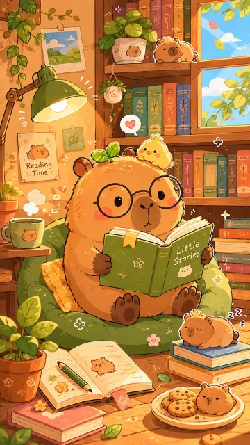 Stylized Capybara Reading in a Cozy Library Wallpaper