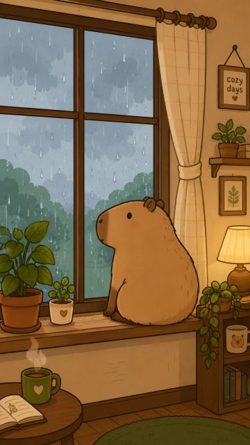 Stylized Capybara by a Cozy Window Wallpaper