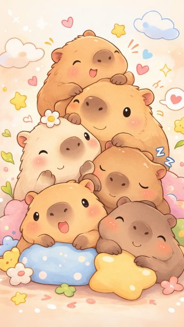 Stylized Capybara Cuddle Cloud Friends Wallpaper