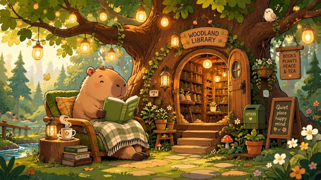 Stylized Capybara at an Enchanted Tree Library Wallpaper