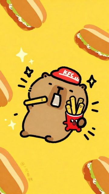 Stylized Capybara with Burgers and Fries Wallpaper