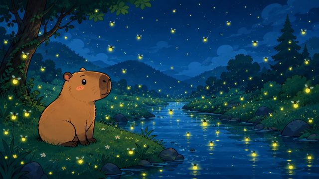 Stylized Capybara Beside a Firefly Riverside Wallpaper