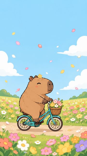 Stylized Capybara Bicycle Ride Through Flowers Wallpaper