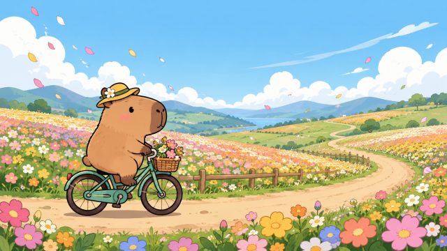 Stylized Capybara Riding Through a Flower Field Wallpaper