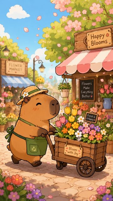 Stylized Capybara Visiting a Flower Market Wallpaper