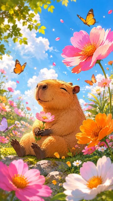 Stylized Capybara in a Flower Meadow Wallpaper