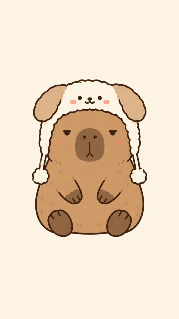 Stylized Capybara with a Fluffy Winter Hat Wallpaper