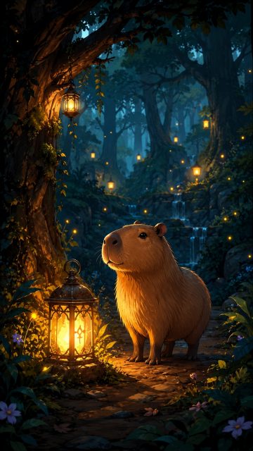 Stylized Capybara on a Forest Lantern Path Wallpaper