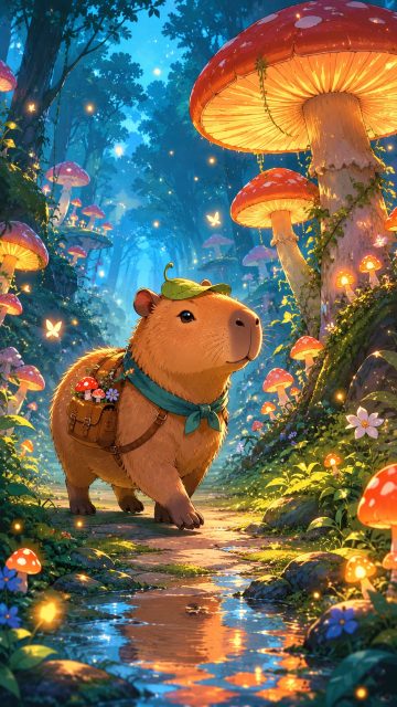 Stylized Capybara in a Giant Mushroom Forest Wallpaper