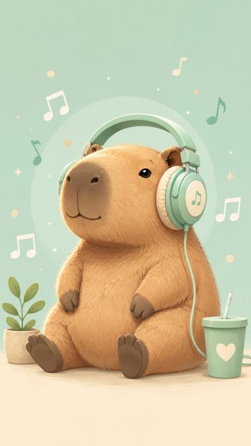 Stylized Capybara Enjoying Music Wallpaper