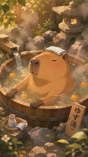 Stylized Capybara Hot Spring Relaxation Wallpaper