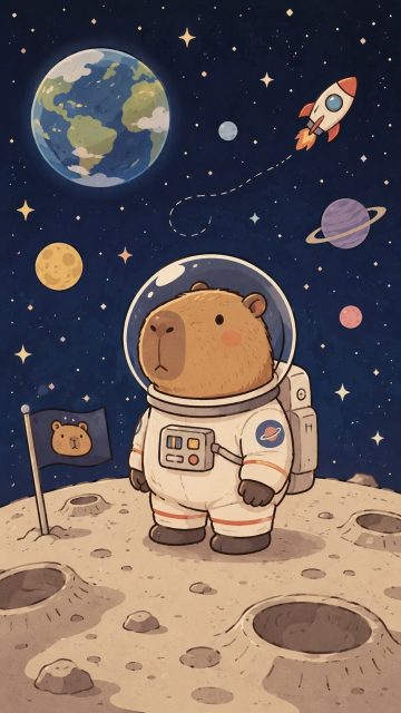 Stylized Capybara Moon Explorer Wallpaper