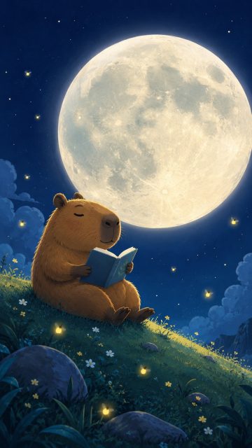 Stylized Capybara Reading Beneath the Moon Wallpaper