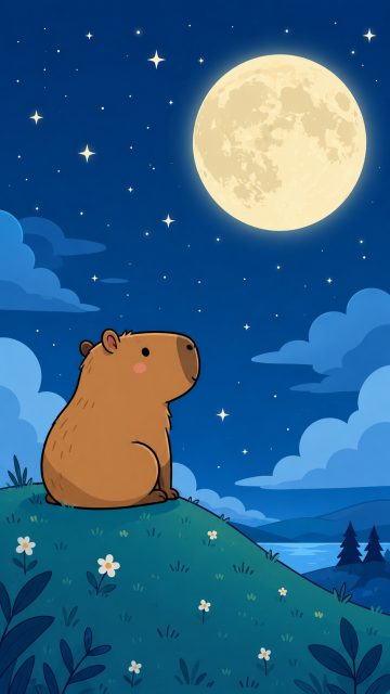 Stylized Capybara Under a Moonlit Sky Wallpaper