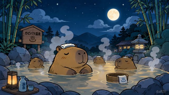 Stylized Capybara Relaxing in a Moonlit Hot Spring Wallpaper