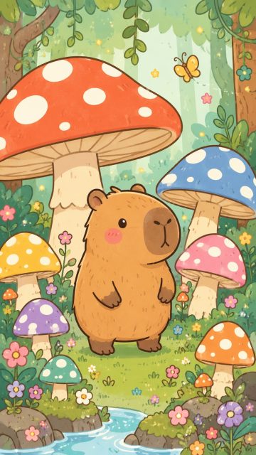 Stylized Capybara in a Mushroom Garden Wallpaper