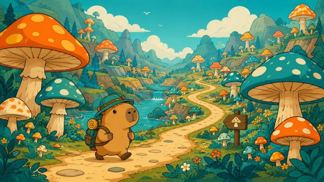 Stylized Capybara Exploring a Mushroom Valley Wallpaper