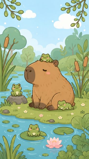 Stylized Capybara by a Pond with Frog Friends Wallpaper