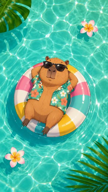 Stylized Capybara Floating in a Pool Wallpaper