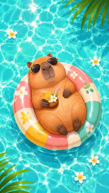 Stylized Capybara Floating in a Summer Pool Wallpaper