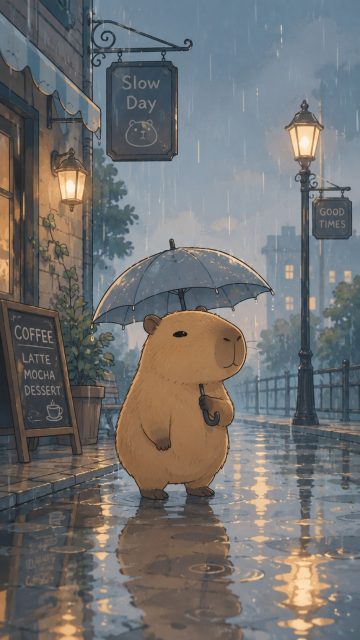 Stylized Capybara Walking in the Rain Wallpaper