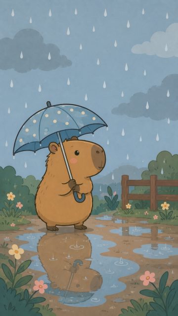 Stylized Capybara Walking in the Rain Wallpaper