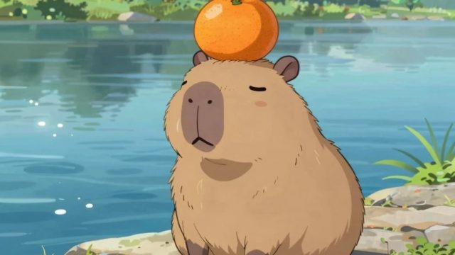 Stylized Capybara by a Quiet Riverside with an Orange Balance Wallpaper