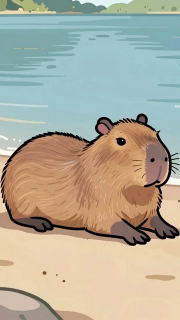 Stylized Capybara Resting by the Riverside Wallpaper