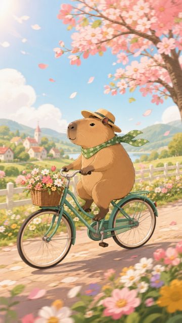Stylized Capybara Spring Bicycle Journey Wallpaper
