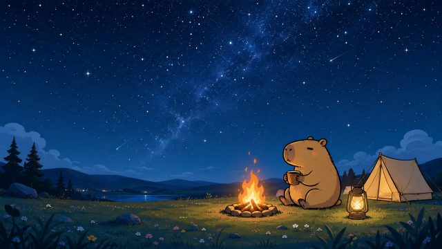 Stylized Capybara Under a Starlit Campfire Night Wallpaper