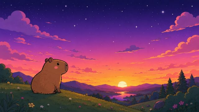 Stylized Capybara Watching a Colorful Sunset Wallpaper