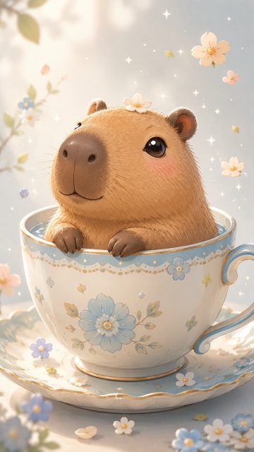 Stylized Capybara in a Vintage Teacup Wallpaper