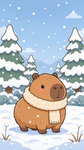 Stylized Capybara in a Winter Snow Scene Wallpaper