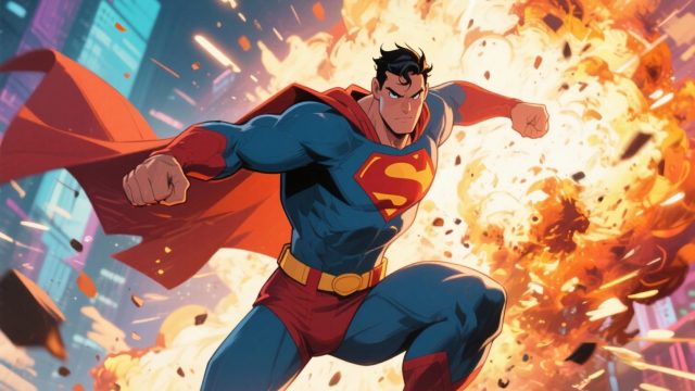 Superman Charging Through an Explosive Sky Wallpaper