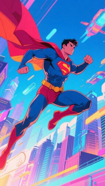 Superman Flying Across a Neon Skyline Wallpaper