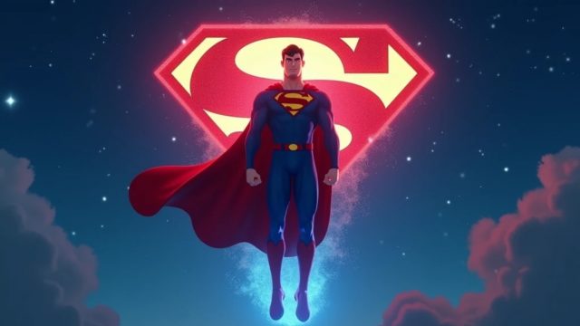 Superman Floating Beneath a Neon Emblem Wallpaper
