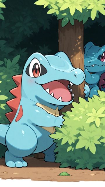 Totodile Peeking from the Forest Wallpaper