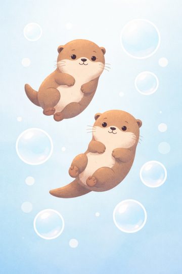 Two Otters Floating with Bubbles Soft Blue Cartoon Wallpaper