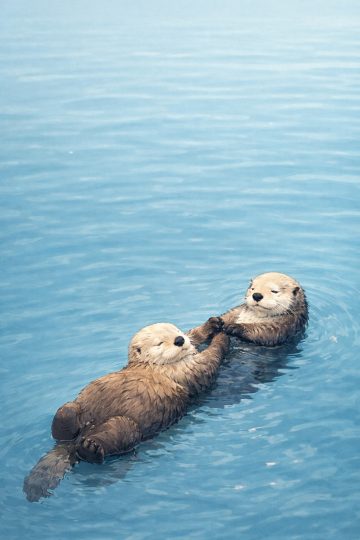 Two Otters Floating Holding Hands in Minimal Blue Water Wallpaper