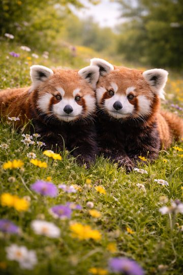 Two Red Pandas Resting in a Flower Meadow Wallpaper